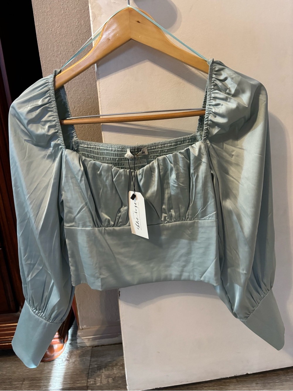 Mishka Sage Green Puffed-Sleeve Square Neck Crop Top